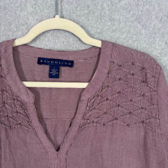 Bandolino Blouse Womens Large Pink Striped Beaded Popover Tunic Long Sleeve - Picture 4 of 11